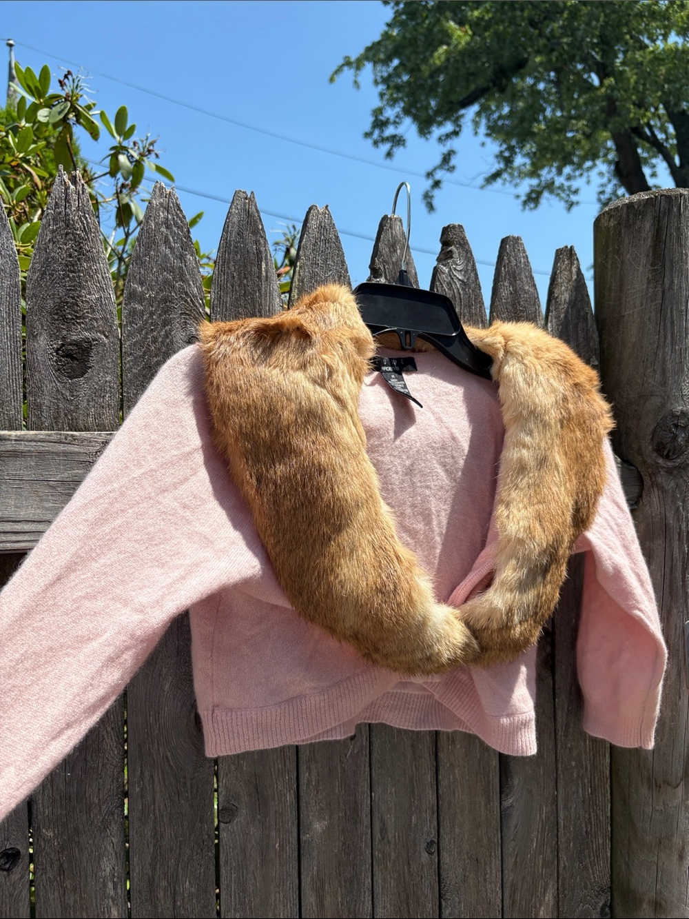 Luxe Arden B cashmere cardigan with rabbit collar.